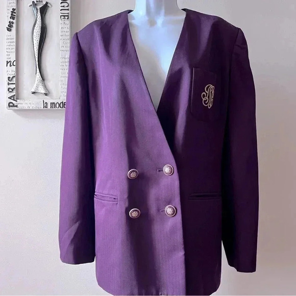 Vintage Jackets & Blazers - Vintage 90s Academia Gilmor Herringbone Collarless Purple Blazer Size 14